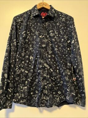 Men's Casual Button-Down Shirt - Navy with White Funky Print - Montréal